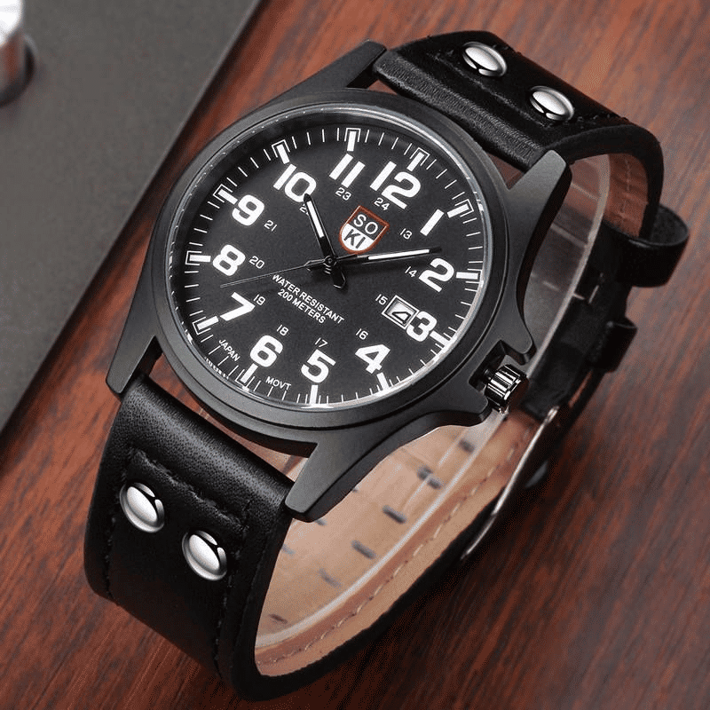 Men's Quartz Sports Watch with Leather Strap and Date Calendar