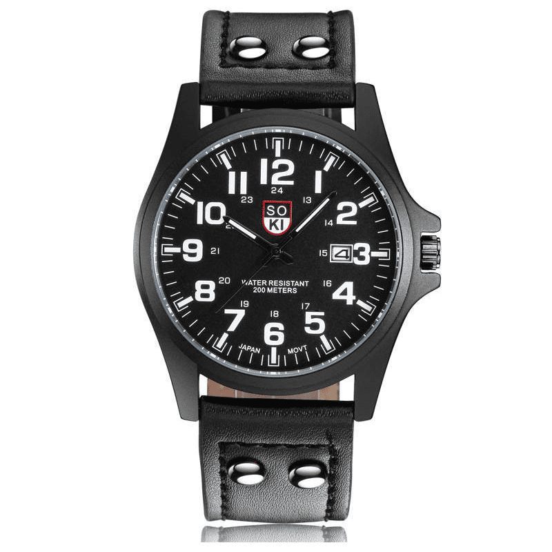 Men's Quartz Sports Watch with Leather Strap and Date Calendar