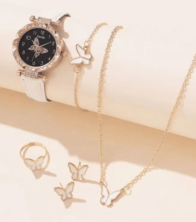Elegant UPHUI 6-Piece Butterfly Quartz Watch & Matching Jewelry Set for Women