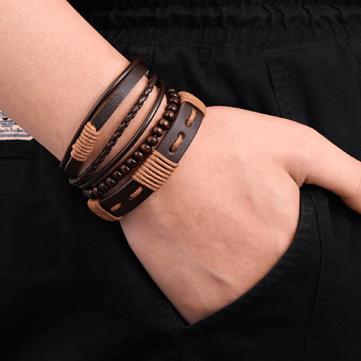 Generic 4-in-1 Men's Quartz Watch Set with 3 Bracelets Coffee