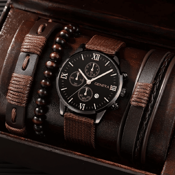 Generic 4-in-1 Men's Quartz Watch Set with 3 Bracelets Coffee
