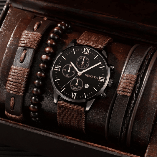 Generic 4-in-1 Men's Quartz Watch Set with 3 Bracelets Coffee