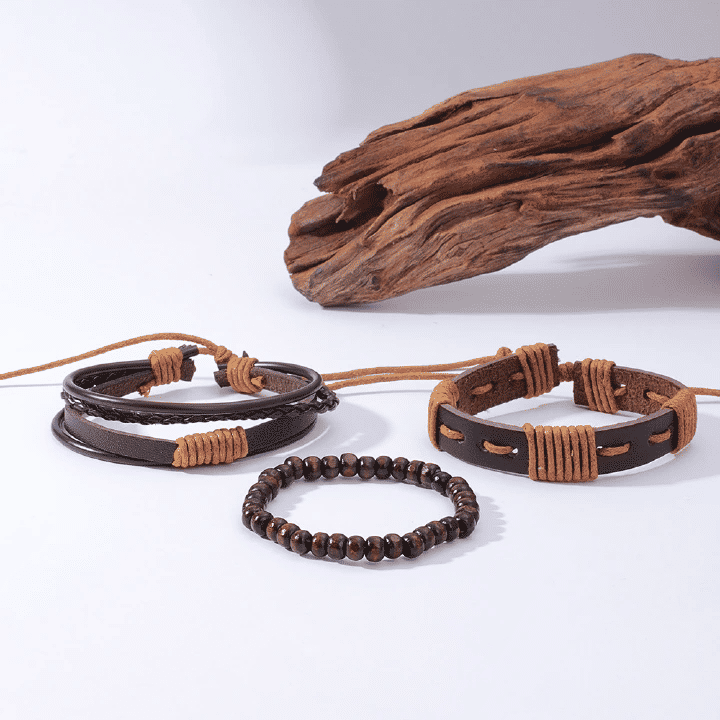 Generic 4-in-1 Men's Quartz Watch Set with 3 Bracelets Coffee