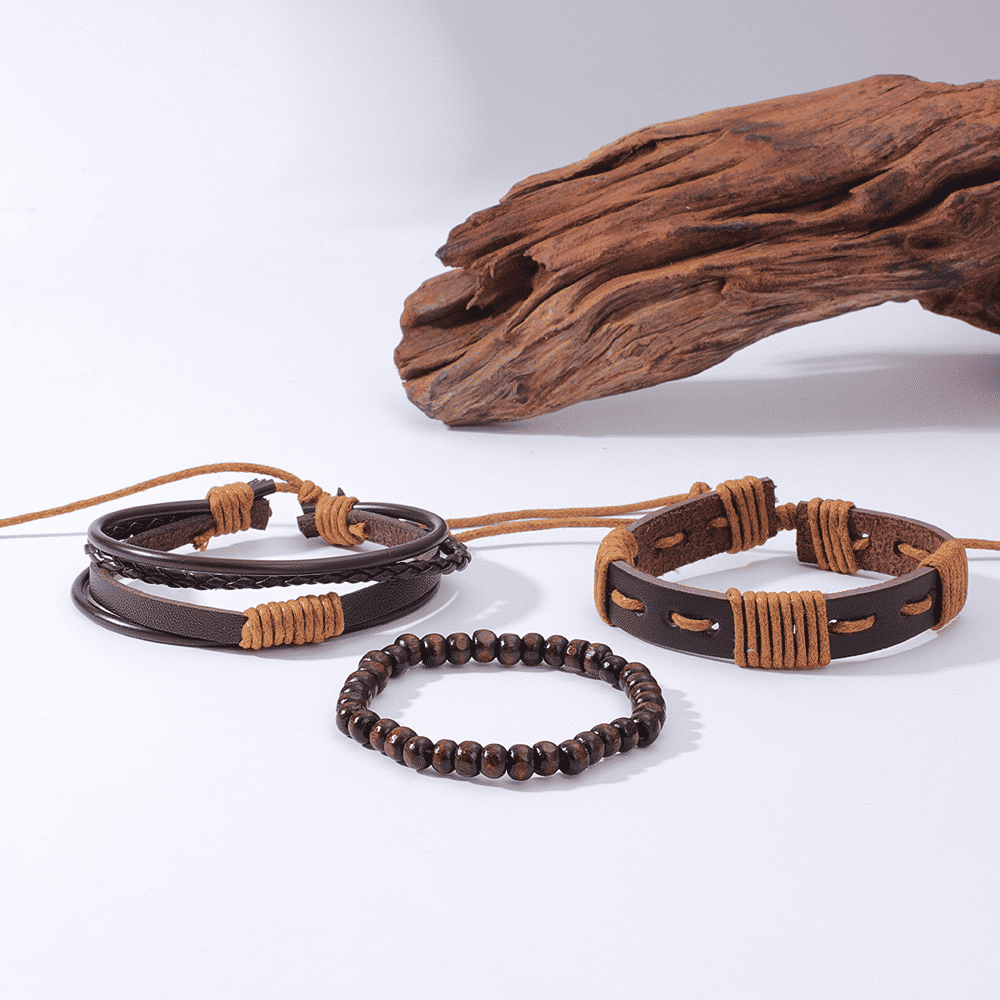 Generic 4-in-1 Men's Quartz Watch Set with 3 Bracelets Coffee
