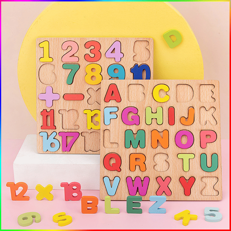 Wooden Alphabet and Number Puzzle Building Block Toy for Kids
