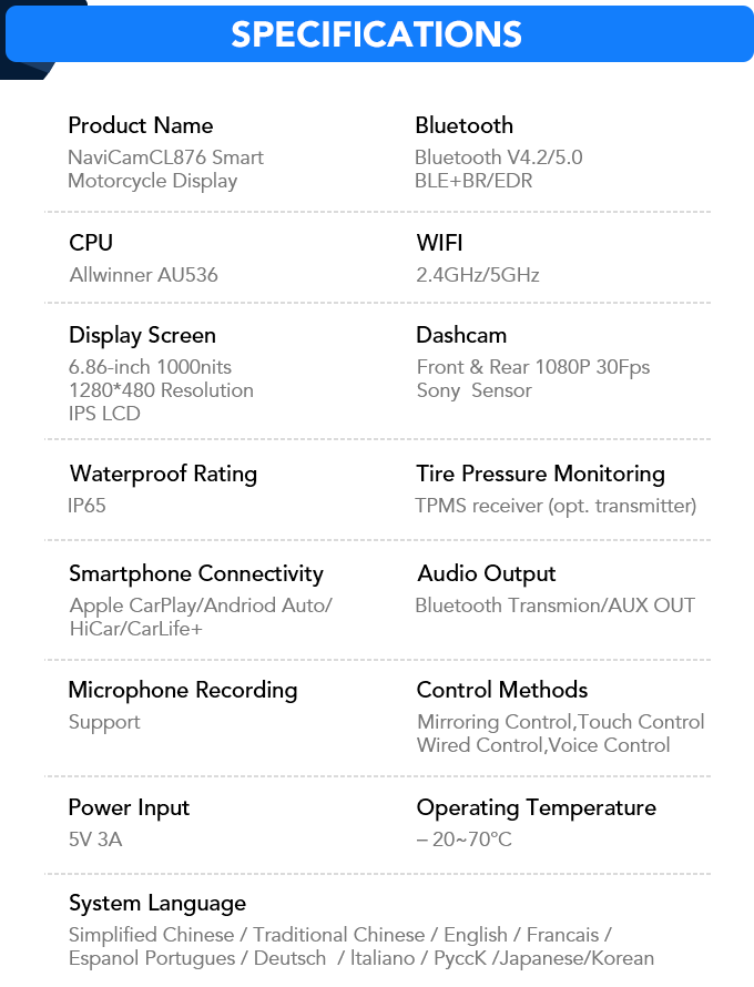 Spedal CL876 Gps Motorcycle Wireless CarPlay/Android Auto 6.86 Inch 1080P Dual Cameras Loop Recording Tire Pressure Monitoring
