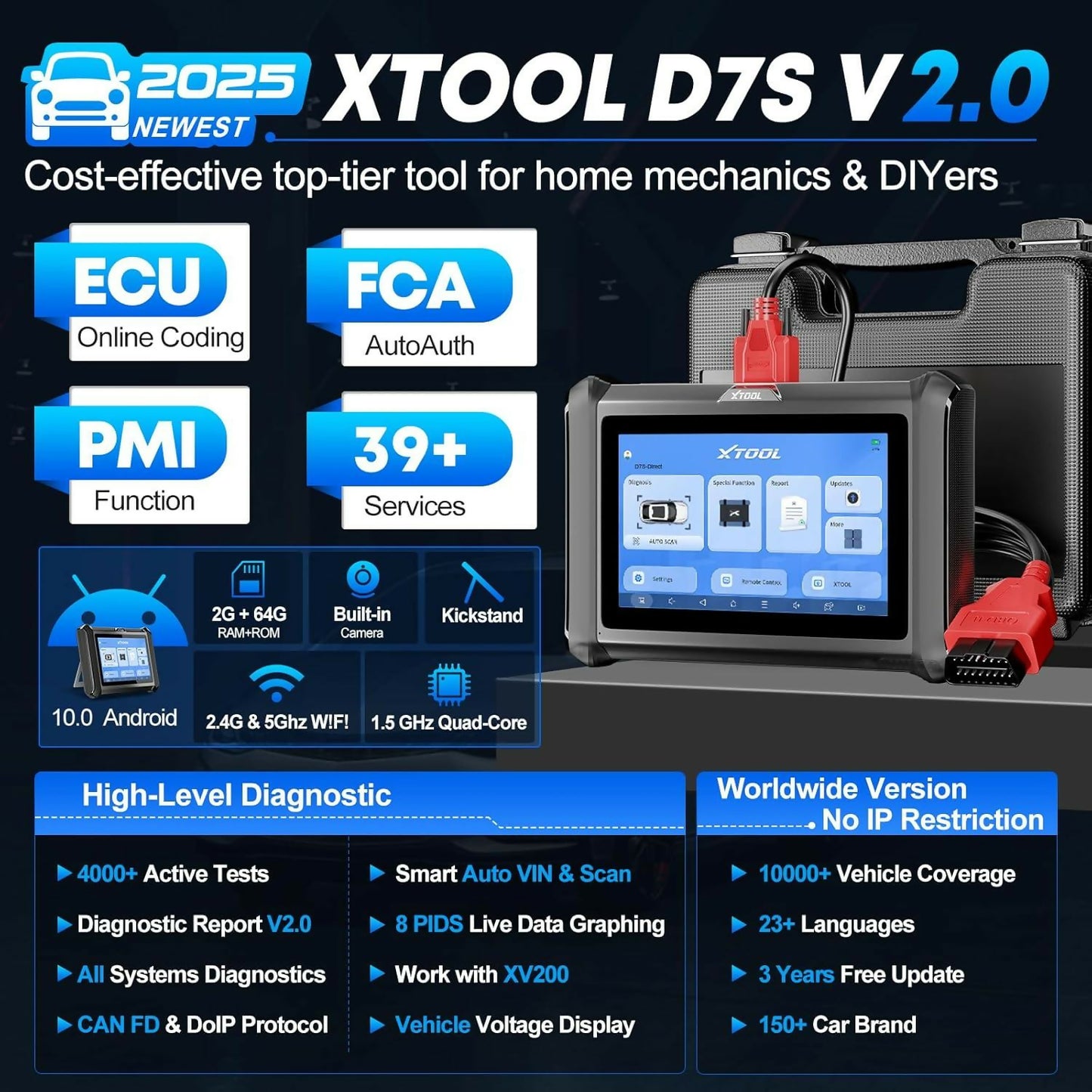 Xtool D7S Bidirectional Scan Tool, 2025 OBD2 Scanner Diagnostic with FCA AutoAuth, All System Car Scanner, 39+ Resets, ECU Coding Tuning Tuner, PMI, Upgrade of D7, Crankshaft Relearn, CAN FD/DoIP, 3-Yr Update