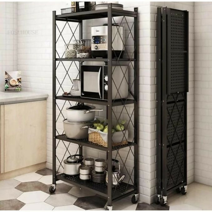 Foldable Kitchen Metallic Storage Rack With Wheels - 5 Tier