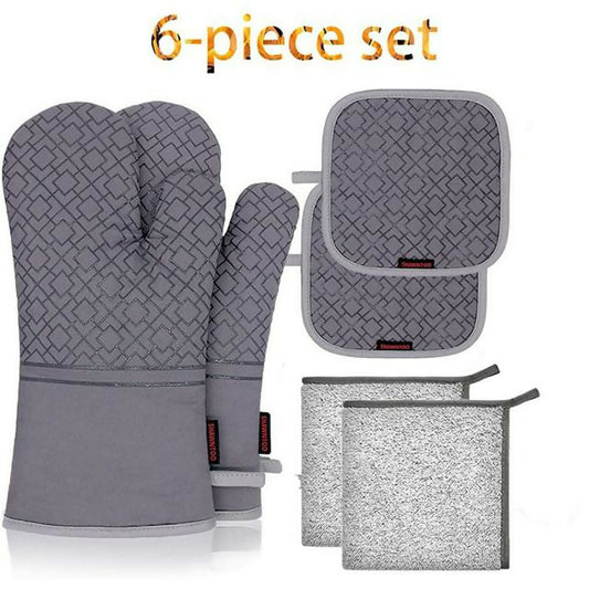 6 Piece Set High Heat Resistant Oven Mitts and Pot Holders, Antiskid Breathable Insulation Oven Mitt