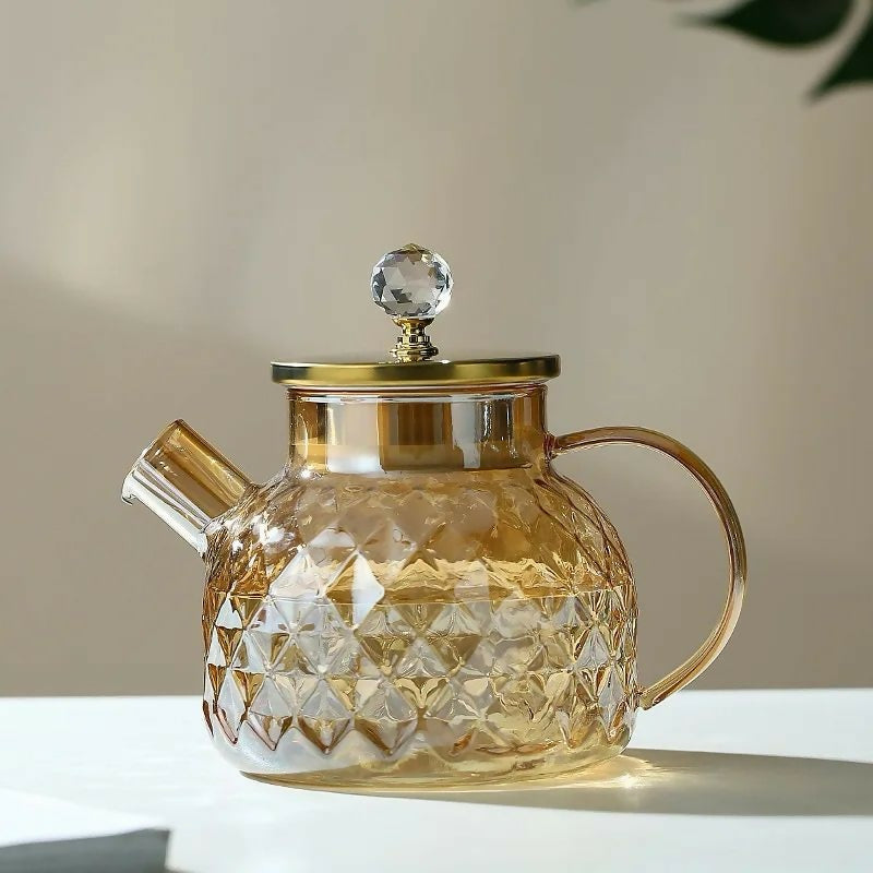 Champagne Color Diamond Texture Surface Glass Kettle Heat-resistant Thicken Glass Household Juice Flower Teapot Nordic