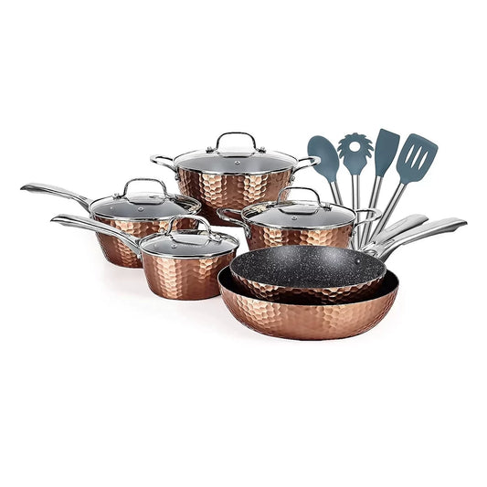 14 Pc Hammered Nonstick Cookware Set – Copper Finish