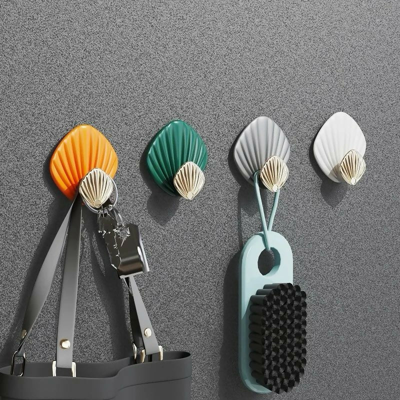 4pcs Creative Shell Shape Wall Hanging Hook Punch-free Strong Adhesive Hook Bathroom Kitchen Wall-mounted Seamless Sticky Hook