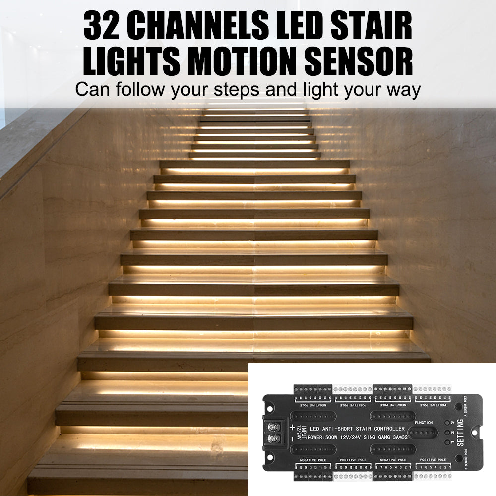 LED Motion Sensor Adjustable Brightness Automatic 32 Channels Stair Light Controller Kit DC 12V 24V For Stairs Flexible Strip