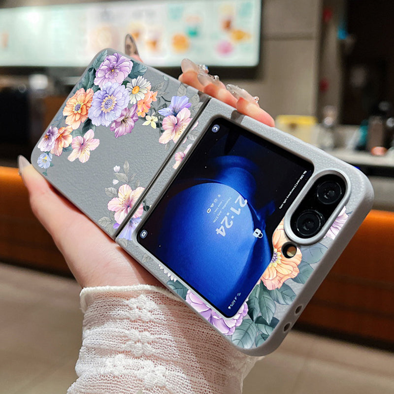 For Samsung Galaxy Z Flip 7 FE 6 5 3 4 Leather Texture Phone Case Floral Flower Soft TPU Folding Cover For Samsung Z Flip5 Flip6