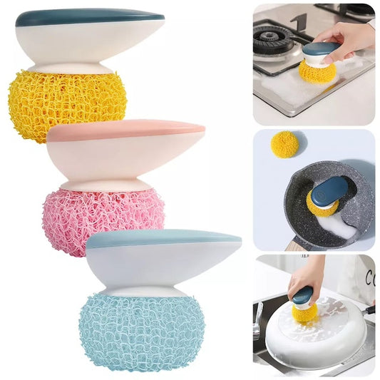 Kitchen Cleaning Ball, Polyester Kitchen Sponge Plate Washing Brush, Non-Stick Tableware Scrubber, Dishwashing Scrub with Handle