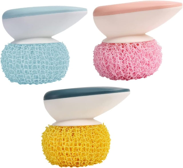 Kitchen Cleaning Ball, Polyester Kitchen Sponge Plate Washing Brush, Non-Stick Tableware Scrubber, Dishwashing Scrub with Handle