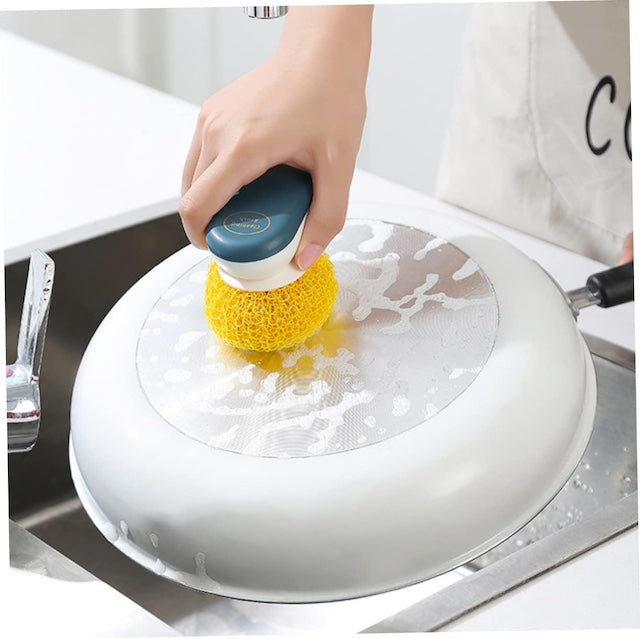 Kitchen Cleaning Ball, Polyester Kitchen Sponge Plate Washing Brush, Non-Stick Tableware Scrubber, Dishwashing Scrub with Handle