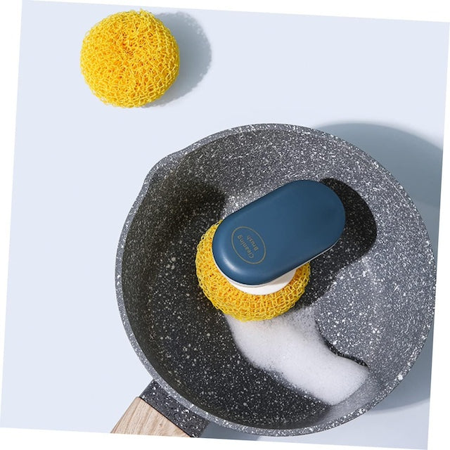 Kitchen Cleaning Ball, Polyester Kitchen Sponge Plate Washing Brush, Non-Stick Tableware Scrubber, Dishwashing Scrub with Handle