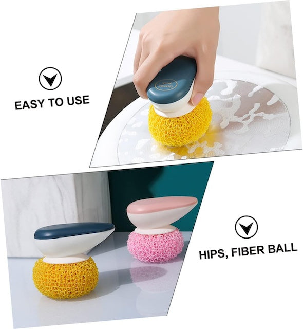 Kitchen Cleaning Ball, Polyester Kitchen Sponge Plate Washing Brush, Non-Stick Tableware Scrubber, Dishwashing Scrub with Handle