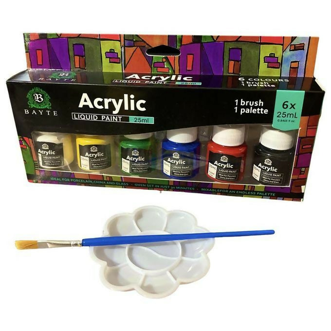 6pcs 25ml Acrylic Paint + 1 Brush & Palette Students DIY Drawing Craft Fabric