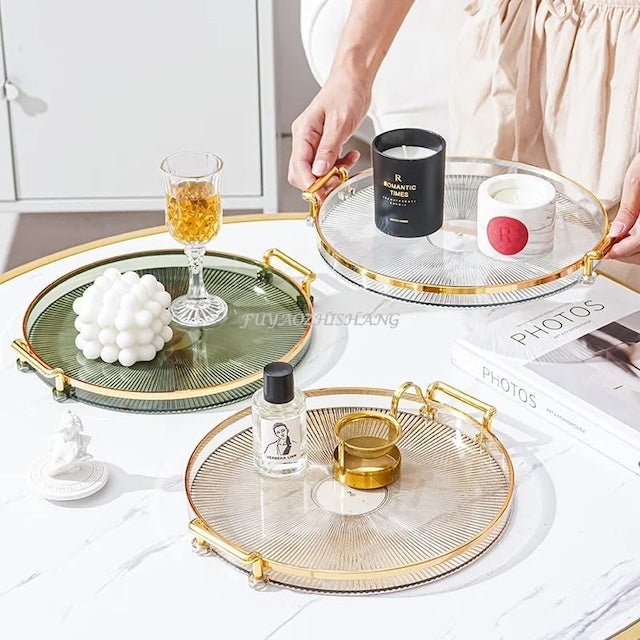 Lazy Susan Tray, Round Serving Tray with Golden Handles, Acrylic Decorative Tray for Coffee Tea, Food Serving Tray