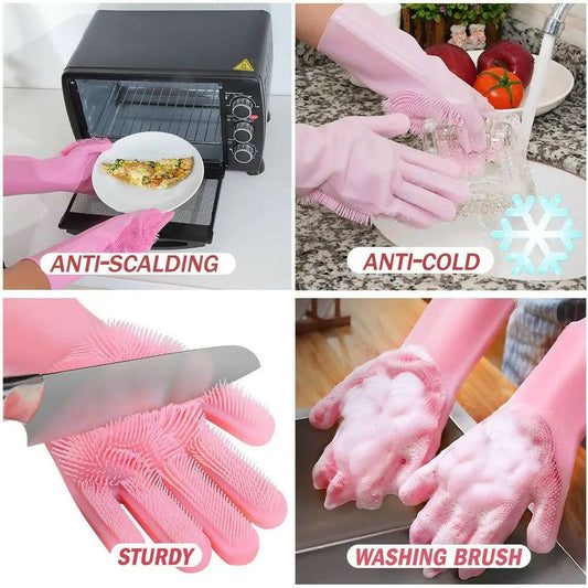 Silicone Dishwashing Gloves With Scrubber Reusable Rubber Gloves For Home Kitchen Bathroom Car Washing