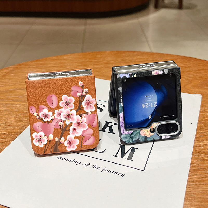 For Samsung Galaxy Z Flip 7 FE 6 5 3 4 Leather Texture Phone Case Floral Flower Soft TPU Folding Cover For Samsung Z Flip5 Flip6