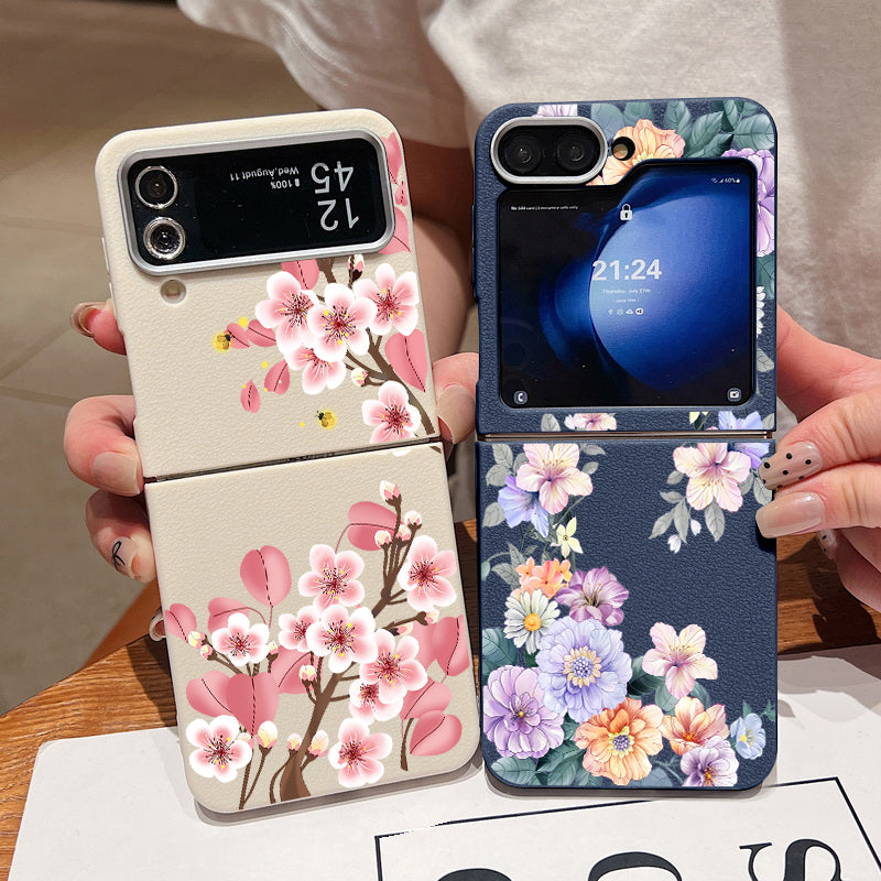 For Samsung Galaxy Z Flip 7 FE 6 5 3 4 Leather Texture Phone Case Floral Flower Soft TPU Folding Cover For Samsung Z Flip5 Flip6