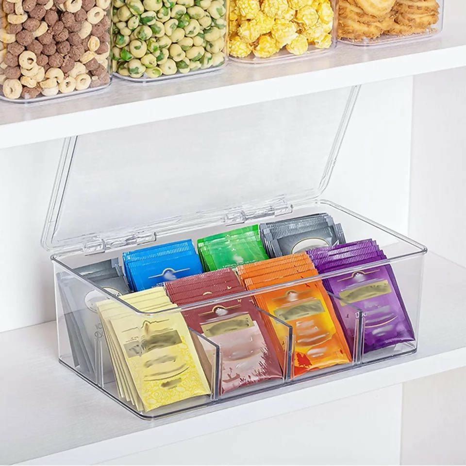 Acrylic Tea Bag Organizer with Lid, Stackable Coffee Partition Box, Office Multi-purpose Storage