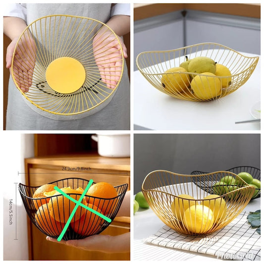 Multipurpose Nordic Fruits Storage Basket, Metal Fruit Basket, Modern Round Stripes Openwork Storage Fruit Bowl - Gold