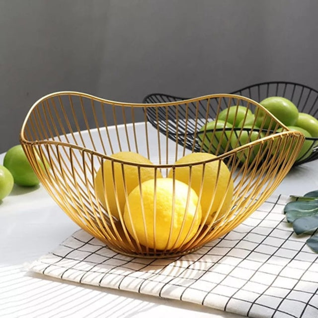 Multipurpose Nordic Fruits Storage Basket, Metal Fruit Basket, Modern Round Stripes Openwork Storage Fruit Bowl - Gold