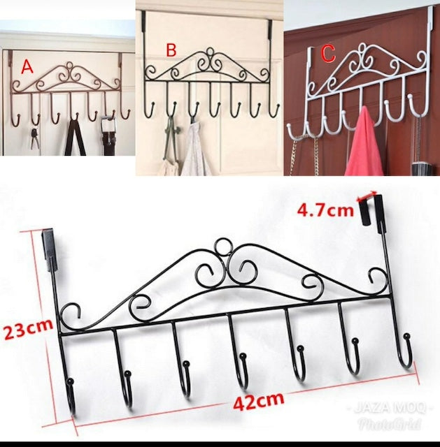 Over the Door Hanger with 7 Hooks, Decorative Metal Door Hooks Hanger Holder for Home Office Kitchen Use, Hook Organizer Rack