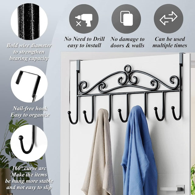 Over the Door Hanger with 7 Hooks, Decorative Metal Door Hooks Hanger Holder for Home Office Kitchen Use, Hook Organizer Rack