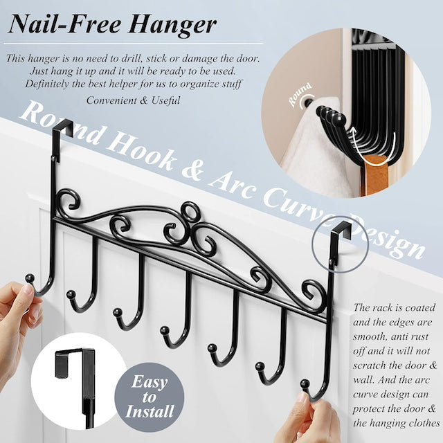 Over the Door Hanger with 7 Hooks, Decorative Metal Door Hooks Hanger Holder for Home Office Kitchen Use, Hook Organizer Rack