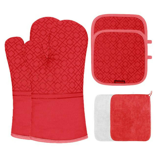 6 Piece Set High Heat Resistant Oven Mitts and Pot Holders, Antiskid Breathable Insulation Oven Mitt