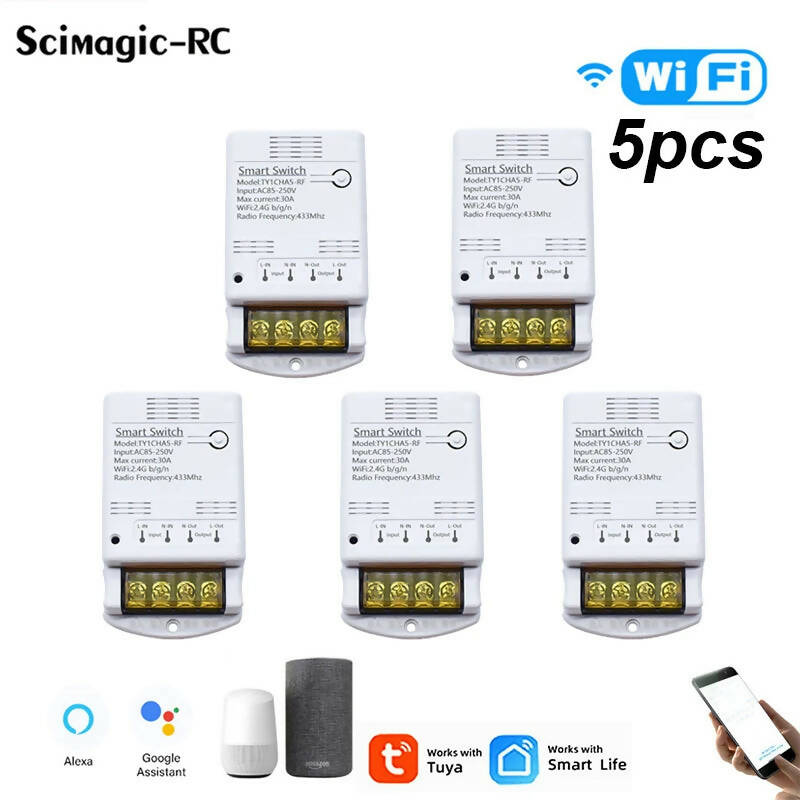 5PCS Tuya Smart Life Wireless Smart Home Wifi Relay Switch AC 85-250V 30A 4000W RF Module Receiver Timer Self-locking Jog Relay