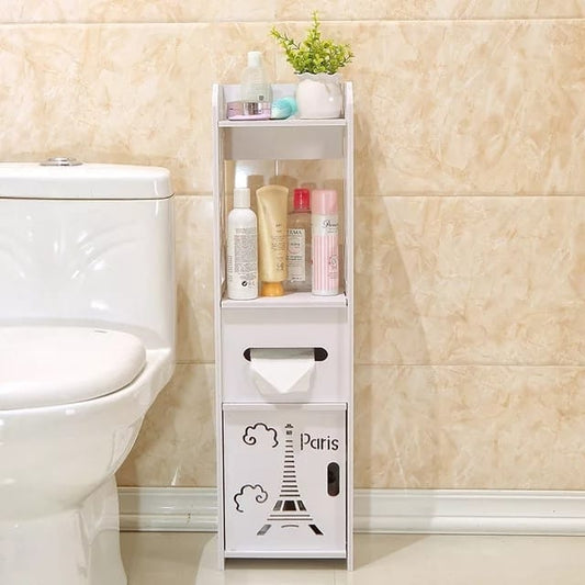 Paris Floor Standing Storage Cabinet, White Bathroom Storage Shelf, Space Saving Toilet Rack with Paris Decoration