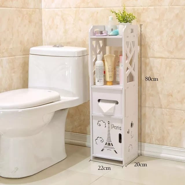 Paris Floor Standing Storage Cabinet, White Bathroom Storage Shelf, Space Saving Toilet Rack with Paris Decoration