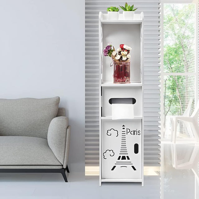 Paris Floor Standing Storage Cabinet, White Bathroom Storage Shelf, Space Saving Toilet Rack with Paris Decoration