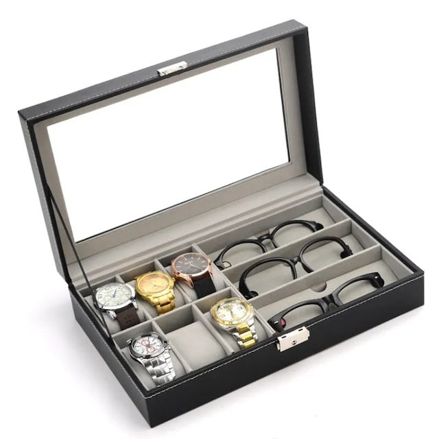 Portable Watch + Glasses Organizer, Multi Slot Leather Watch/Goggles Box Organizer Case, Display Organizer Box