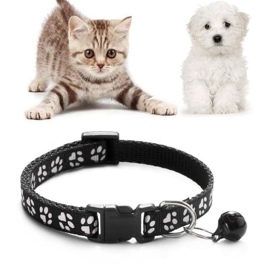 Puppy ID Collar Small Dog Paw Print Collars, Fast Adjustable Length Release Cat Pet Collar with Bell