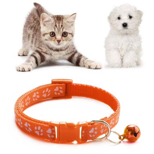 Puppy ID Collar Small Dog Paw Print Collars, Fast Adjustable Length Release Cat Pet Collar with Bell