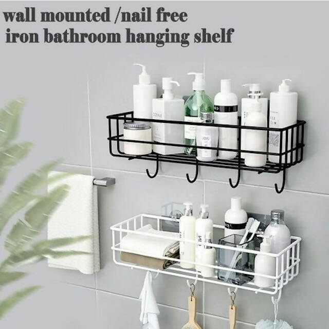 Punch Free Storage Rack/Organizers, Wall Mounted Floating Metallic Shelf with Hooks for More Holding Capacity