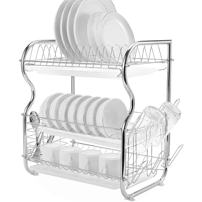 3 Tier Dish Drainer Rack Plate Draining Tray Board Kitchen Washing Storage, Silver