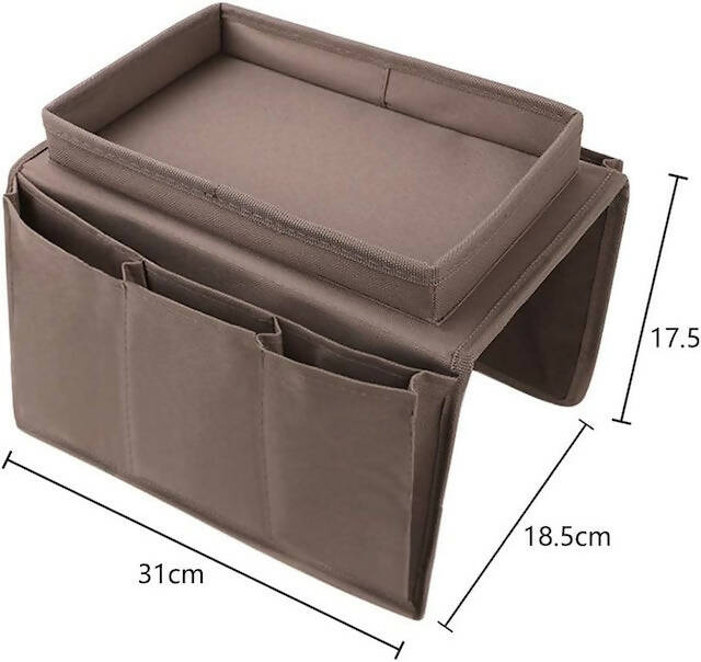 Sofa Armrest Organiser with Cup Holder Tray, 6 Pockets, TV Remote Control Organizer, Sofa Couch Armchair Caddy Organiser, Tidy Pocket Hanging Storage Bag Holder for Cellphone, Magazine, Drinks, Snacks