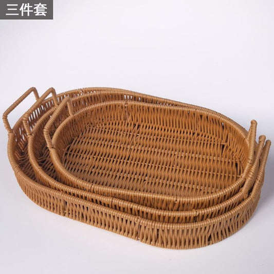 Rattan Oval Basket Decor, Multi-Functional Rattan Serving Tray Wicker Woven Bread Basket - Set of 3