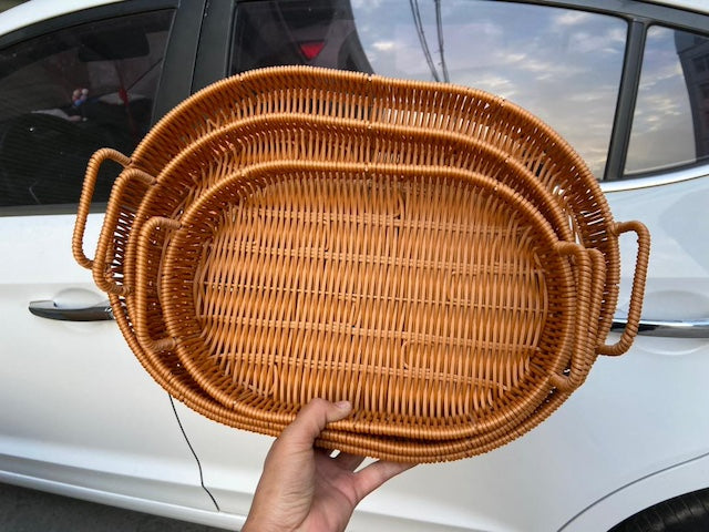 Rattan Oval Basket Decor, Multi-Functional Rattan Serving Tray Wicker Woven Bread Basket - Set of 3