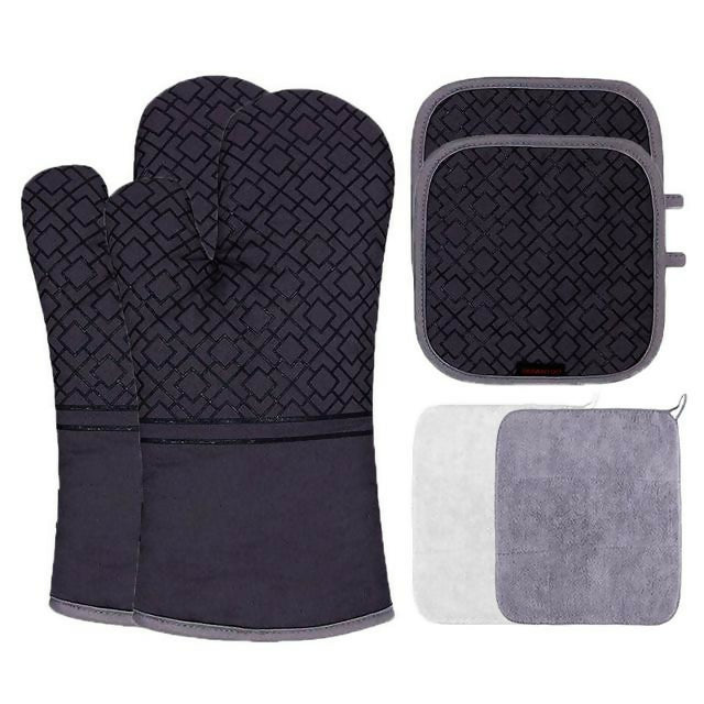 6 Piece Set High Heat Resistant Oven Mitts and Pot Holders, Antiskid Breathable Insulation Oven Mitt