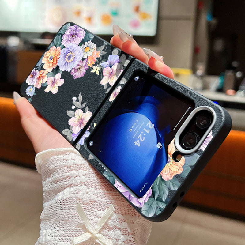 For Samsung Galaxy Z Flip 7 FE 6 5 3 4 Leather Texture Phone Case Floral Flower Soft TPU Folding Cover For Samsung Z Flip5 Flip6