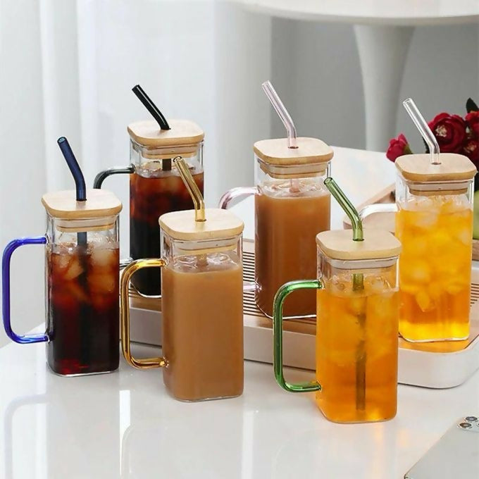 380ml Square smoothie glass cup with bamboo lid and straw